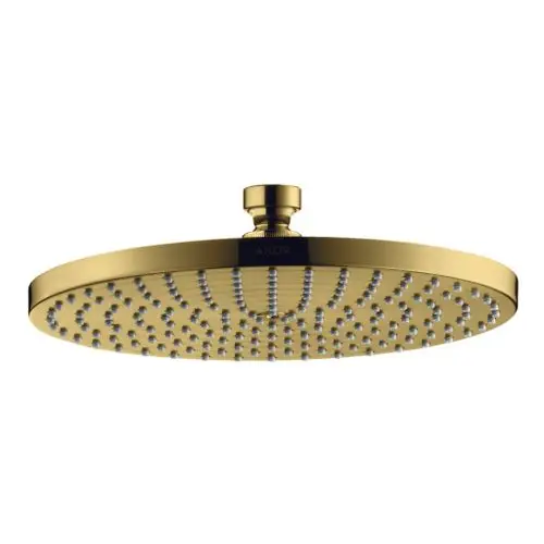 Duschkopf in runder Form, goldene Oberfläche mit gleichmäßig verteilten Düsen. Produkt von AXOR, geeignet für eine moderne Badezimmergestaltung.